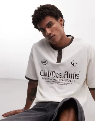 ASOS DESIGN oversized Henley with Club Des Amis text graphic in cream