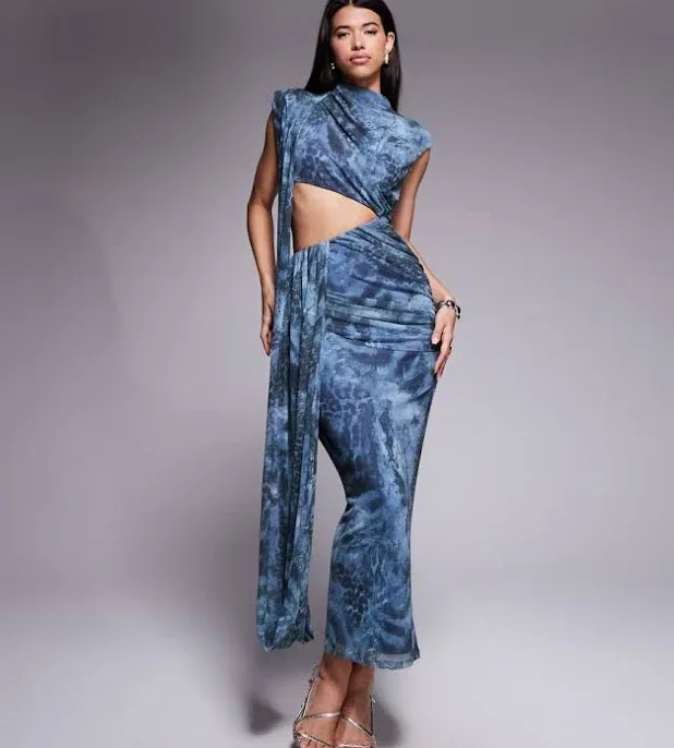 ASOS DESIGN printed mesh drape cut out maxi dress in floral animal print-Multi