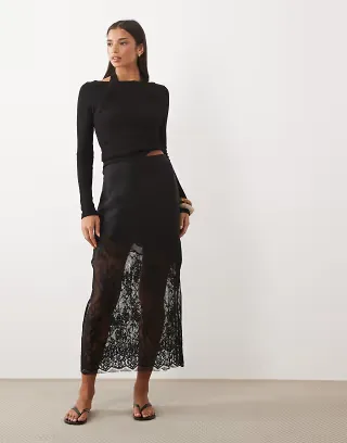 ASOS DESIGN lace hem satin maxi skirt in black