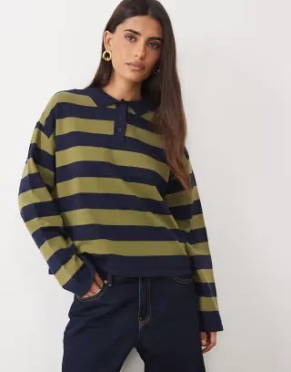 The Frolic exclusive knitted long sleeve collared rugby top in green and navy stripe