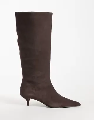 Mango 100% leather suede kitten heeled knee high boot in chocolate
