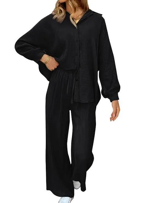 AUTOMET Womens 2 Piece 2024 Spring Clothes Fashion Outfits Two Piece Matching Wide Leg Palazzo Pants Sets Tracksuit Clot