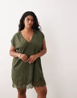 ASOS DESIGN Curve cord v neck lace trim mini shift dress in washed olive