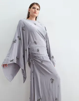 ARRANGE Curve crystal embellished long sleeve draped maxi dress in dusky blue