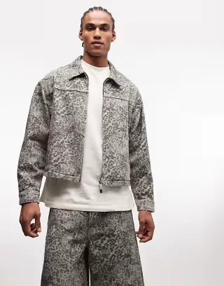 Liquor N Poker boxy denim jacket in faded leopard print - part of a set