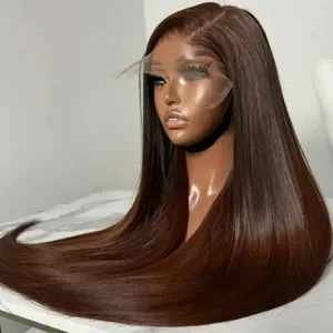 13x6 HD Chocolate Brown Bone Straight Lace Front Glueless Wig, 36 Inch Transparent Lace Frontal, Pre-Plucked Human Hair