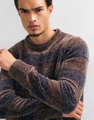 Brave Soul chenille crew neck sweater in taupe and navy stripe