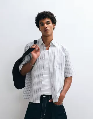 Weekday oversized short sleeve shirt in off-white & blue stripes