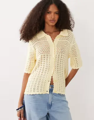JDY short sleeve crochet cardigan in pale yellow