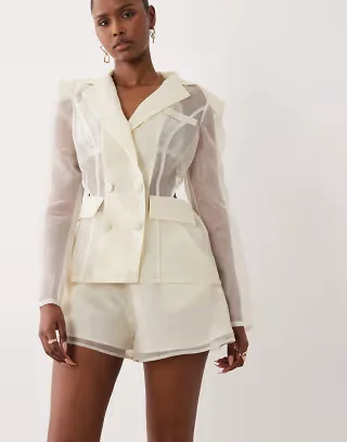 ASOS LUXE sheer high rise shorts in white - part of a set