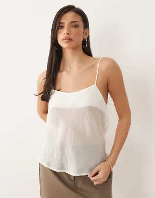 ASOS DESIGN satin scoop neck cami top set in chocolate