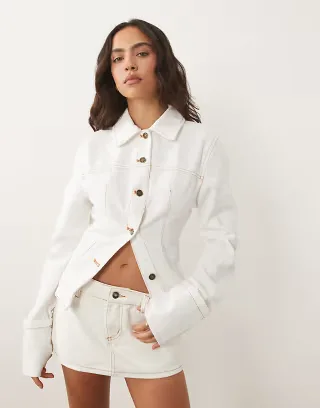 Lioness The Bronx cotton fitted wide cuff detail cinch back denim jacket and skirt set in white