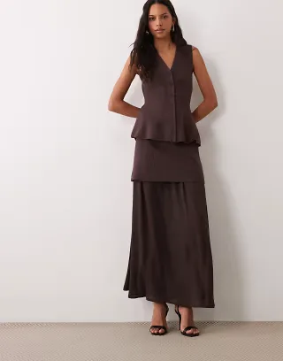 YAS knit mini skirt with chiffon maxi skirt in chocolate brown - part of a set