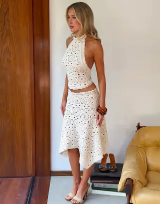Tiger Mist x Em Venz Synthia crochet midi skirt and halterneck crochet top set in cream