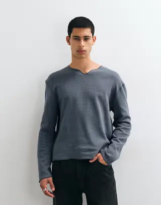 ASOS DESIGN relaxed t-shirt with notch neck in charcoal waffle