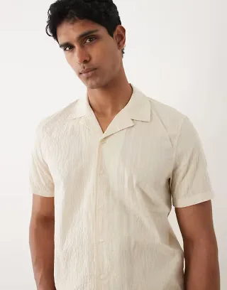 BLEND cotton-rich regular fit cuban shirt in bleached sand