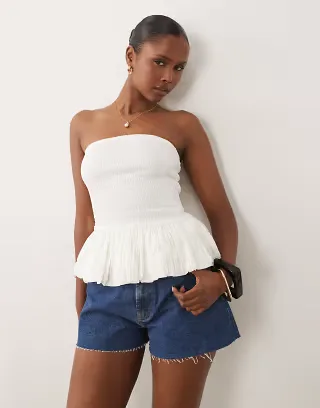 ASOS DESIGN shirred ruffle hem bandeau top in white