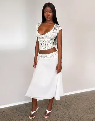 Tiger Mist Sasha cotton cap sleeve crochet crop top and skirt set in white