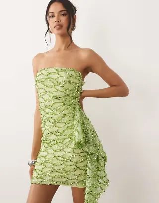 ASOS DESIGN lace sequin bandeau mini dress with scarf detail in lime