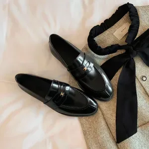 Gold Buckle Slip-On Loafers for Women - Black Leather Casual Shoes - British Style Designer Flats