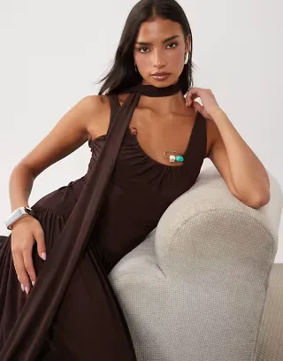 ASOS DESIGN slinky maxi dress with scarf and trim detail in chocolate