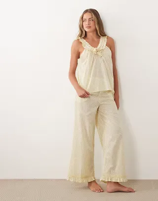 ASOS DESIGN woven milkmaid top and pants set in buttermilk & choc polka dots