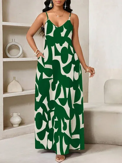 SHEIN Geometric Maxi Dress Women's Sundresses Spaghetti Strap Long Slip Regular Fit Woven Fabric Casual Cami