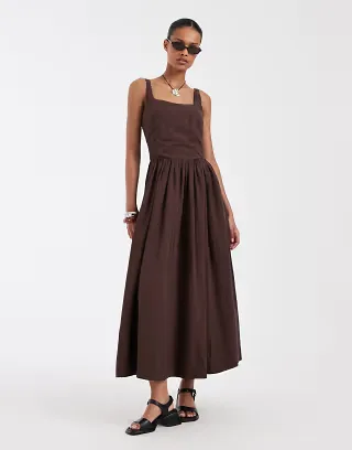& Other Stories corset detail midi dress with puff skirt in brown