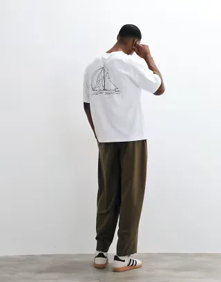 Selected relaxed fit t-shirt with navy sailing boat print in white
