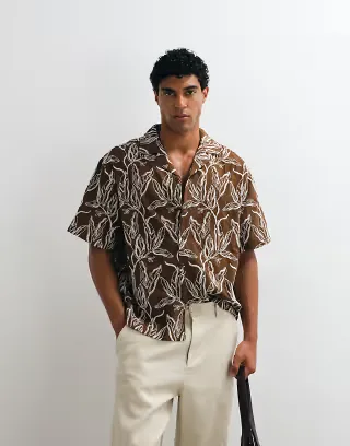 ASOS DESIGN oversized shirt with all over embroidery in brown