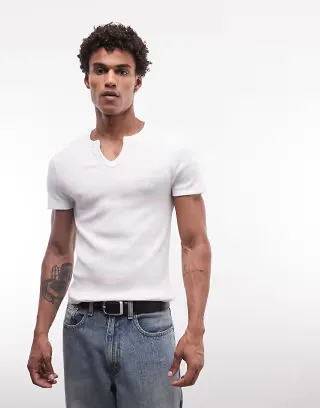 COLLUSION notch neck short sleeve tshirt in white