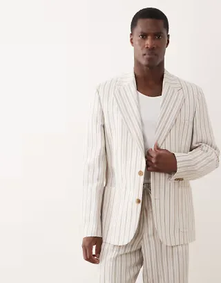 ASOS DESIGN slim linen blend suit jacket in cream stripes