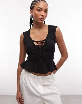 Reclaimed vintage tie front linen top in black