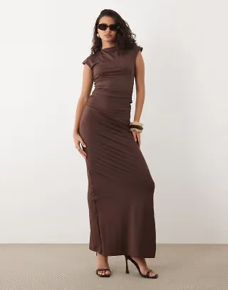 SNDYS cap sleeve ruched side sleeveless top and maxi skirt set in chocolate