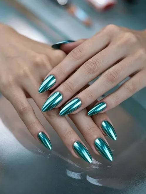 VV MEI JIA ER 24pcs Y2K Mint Blue Almond Press On Nails Acrylic Designs Shiny Holographic Mirror Glitter Jelly False Art