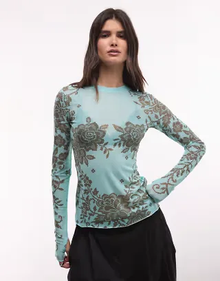 AFRM Kaylee mesh crew neck long sleeve top in turquoise floral print