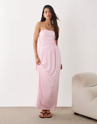 Aria Cove double layered slinky strapless asymmetric hem ruched side detail maxi dress in baby pink