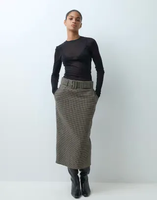 ASOS DESIGN Tailored belted pencil midi skirt in brown wool check