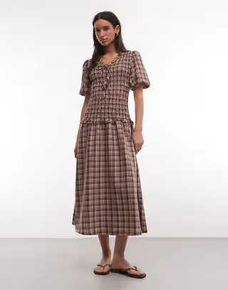 Daisy Street shirred drop waist midi dress with puff sleeves and tie front in brown check