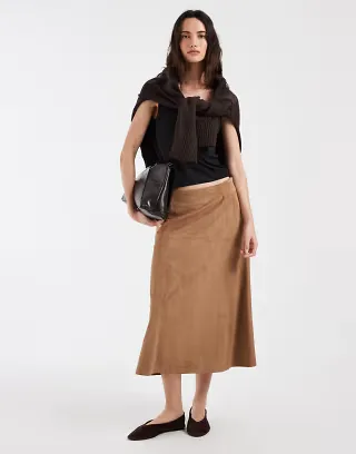 ONLY faux suede midaxi skirt in brown