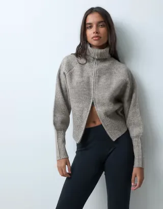 Gina Tricot zip through funnel neck knitted cardigan in warm gray