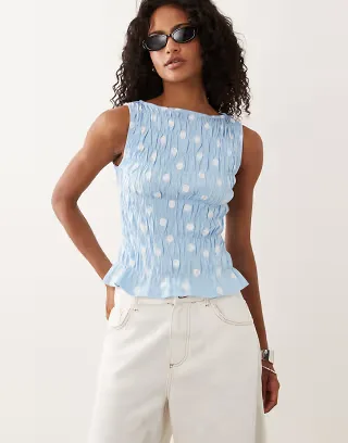 ASOS DESIGN shirred slash neck top in blue and cream polka dots