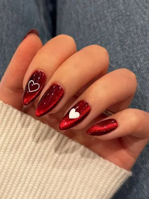 24pcs Cat Eye Red Almond Press On Nails Acrylic Designs Y2K Style Full Coverage ABS Holiday Winter Women Girls False Nai