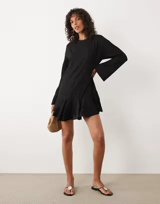 ASOS DESIGN slash neck mini dress with ruffle skirt in black