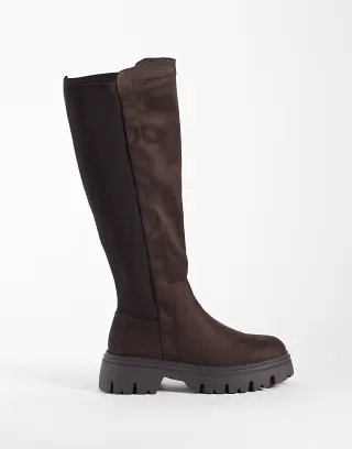 SEQWL Twirl faux suede chunky knee boots in chocolate brown