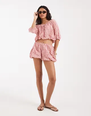 ASOS DESIGN bubble bloomer shorts in pink check
