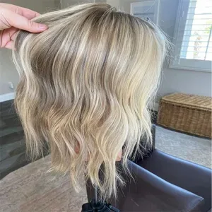 Short Bob Wigs with Dark Ash Blonde Ombre Highlights, 13x4 Wave Synthetic & Mixed Human Hair Platinum Blonde Wig