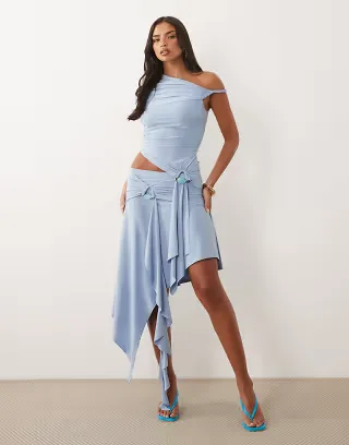 ASOS DESIGN slinky awkward crop hanky hem midi skirt with hardware set in blue