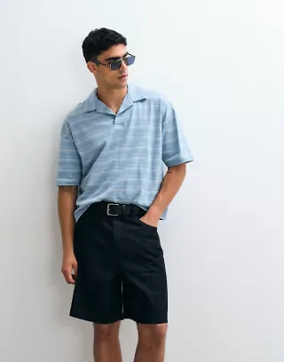 ASOS DESIGN heavyweight boxy oversized polo in textured blue striped fabric