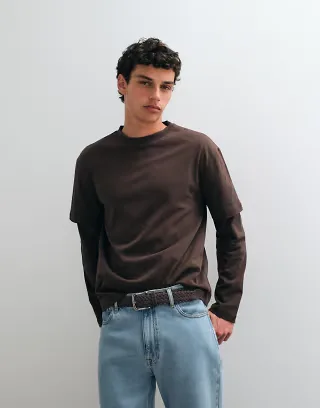 ASOS DESIGN heavyweight relaxed long sleeve t-shirt with double sleeves in brown